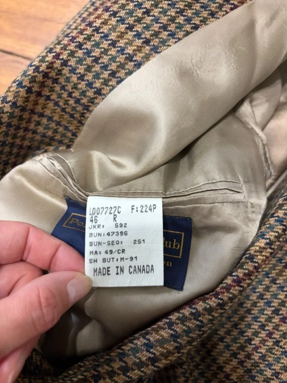 Vintage Polo University Club Mens Blazer Jacket Sz 46R Brown Houndstooth Wool